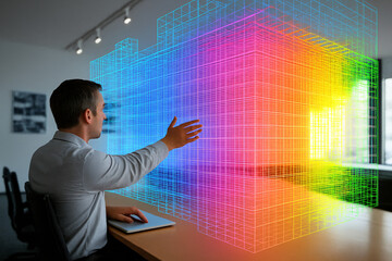 A businessman interacts with a vibrant holographic 3D grid interface, featuring a full-color spectrum