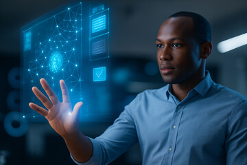 A man interacts with a futuristic holographic interface displaying an artificial intelligence network and data visualization