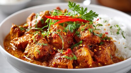 Fototapeta premium Delicious Chicken Tikka Masala with Rice, Garnished with Fresh Herbs and Chili