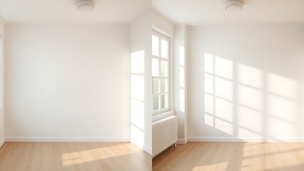 Fototapeta premium Simple room comparison showing plain walls versus freshly painted walls with natural light.