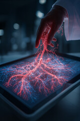 A human hand interacts with a glowing red vascular hologram emerging from a tablet screen, representing futuristic medical visualization, digital anatomy, and innovative health technology