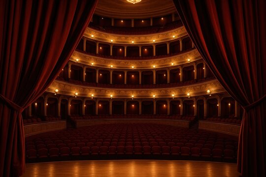   A magnificent view from the stage of a grand opera house, framed by deep red curtains drawn halfway open