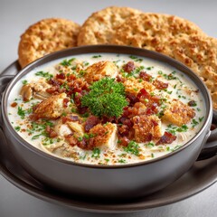 Fototapeta premium Bowl of Creamy Clam Chowder Soup with Bacon, Croutons, and Crackers