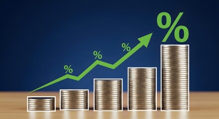 Stacked coins with upward green arrow and percentage signs symbolizing financial growth, investment and profit increase


