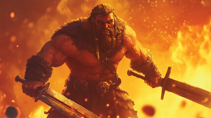 strong angry barbarian warrior surrounded by fire
