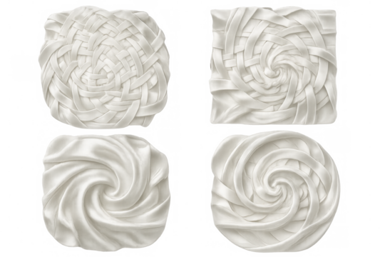 White abstract spiral woven ornaments, transparent backdrop, versatile graphic design element for creative projects