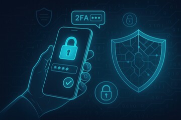 Digital illustration of a hand holding smartphone with lock icon, password field and 2FA message. Concept of cybersecurity, mobile authentication and data protection