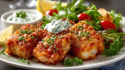 Crispy Fried Fish Fillets with Tartar Sauce and Fresh Salad on White Plate