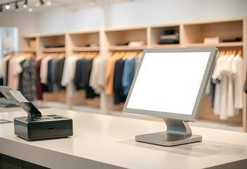 A retail store checkout counter with a blank screen monitor and printer, clothes displayed in the background.