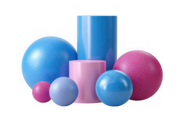 Collection of blue and pink spheres and cylinders isolated on transparent background