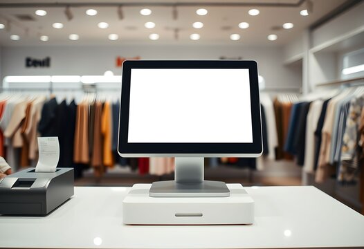 Modern POS system with blank screen in a clothing boutique.