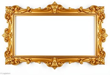 Ornate golden picture frame with detailed carvings, isolated on white background.