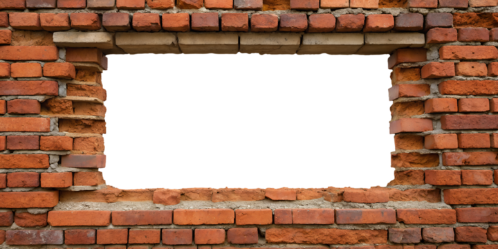 A rectangular opening, resembling a window or doorway, within an old, weathered red brick wall. The bricks are arranged unevenly, showing signs of age and some mortar decay.