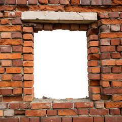 A rectangular opening, resembling a window or doorway, within a wall constructed from old, weathered red bricks. The bricks exhibit variations in color and texture, suggesting age.