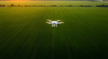 Obraz premium White drone flying over a large green field with rows of crops, trees in the background, and a warm sunset sky.