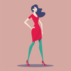 Stylish Silhouette: A chic woman confidently strides forward, her elegant red dress and contrasting teal stockings accentuating her poise and fashion-forward attitude.