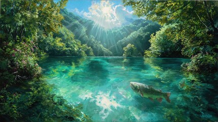 Serene lake scene with sunlit, crystal-clear water, lush green vegetation, and a large fish swimming beneath the surface