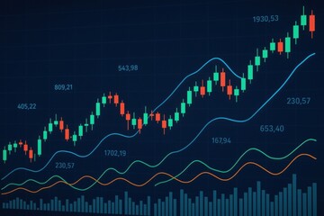 Digital financial chart with candlestick bars and trend indicators on dark background. Green and red data bars show market growth. Concept of stock trading and investment analytics