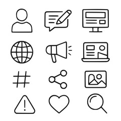 Black icons vectors of blogger icons, minimalist vector icons, black and white, simple flat design, line art, technology, social media, website, blog, internet, digital marketing