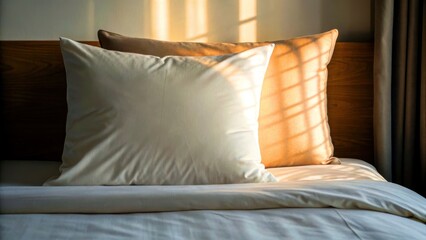 Morning light in comfort bedroom concept. Soft pillows on a bed, illuminated by warm sunlight creating a cozy atmosphere.