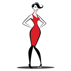 Stylish Silhouette: A chic illustrated female figure confidently poses in a vibrant red dress, embodying elegance and fashion-forward charm.