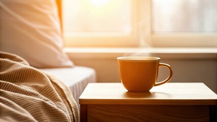 Morning light in comfort bedroom concept. Cozy morning scene with a steaming cup of coffee on a wooden bedside table.