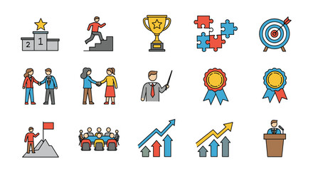 Fototapeta premium Illustrations of business success and teamwork featuring diverse professional achievements and collaborative efforts