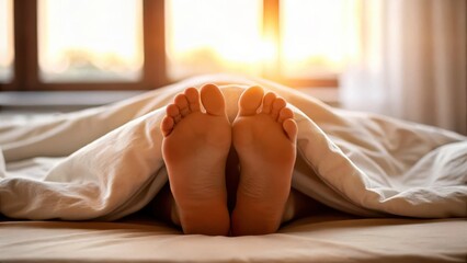 Morning light in comfort bedroom concept. Cozy feet peeking out from under a blanket in a sunlit room.