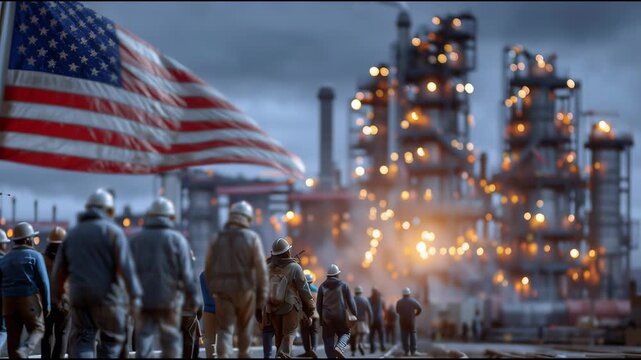 Workers walk toward industrial site