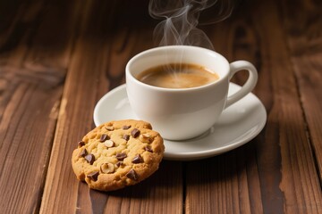 Hot coffee with nut cookies on wooden table, relaxing afternoon tea scene