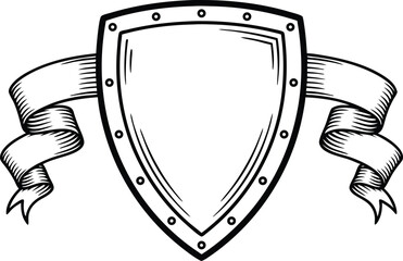 Heraldic shield emblem with ribbon banner illustration for logos and decorative purposes
