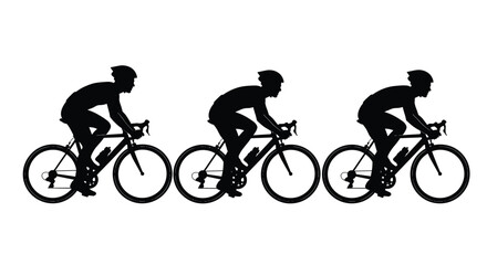 Fototapeta premium Three cyclists in silhouette on racing bikes pedaling forward during a competition event on a white background
