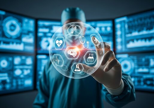 Doctor interacting with futuristic medical technology interface