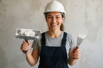Smiling female construction worker holding trowels with plaster in front of wall. Dressed in helmet and overalls. Concept of renovation, DIY work, and manual labor