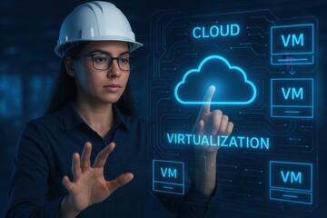 Female engineer wearing helmet interacts with digital cloud virtualization interface. Futuristic blue hologram with VM elements. Concept of cloud computing and technology innovation