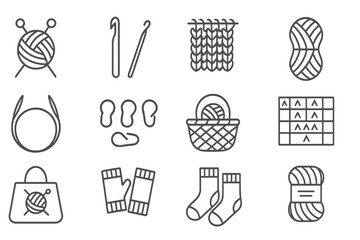 Knitting icons set with yarn, needles, patterns, and accessories
