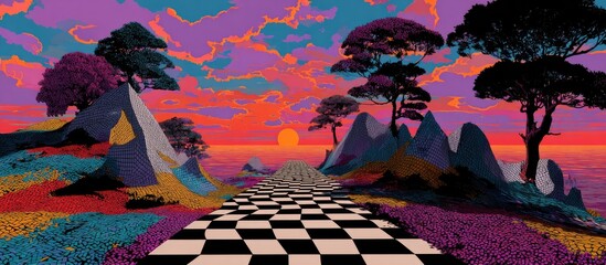 Surreal sunset landscape featuring a checkered path leading to a distant sun over a calm sea, flanked by vibrant, stylized flora and geometric mountains under a colorful, cloudy sky