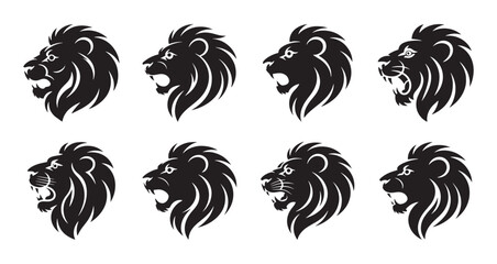 Eight Stylized Black And White Lion Profile Silhouettes On White Background lions head
