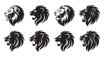 Eight Stylized Black Lion Head Silhouettes Facing Left and Right profile roaring