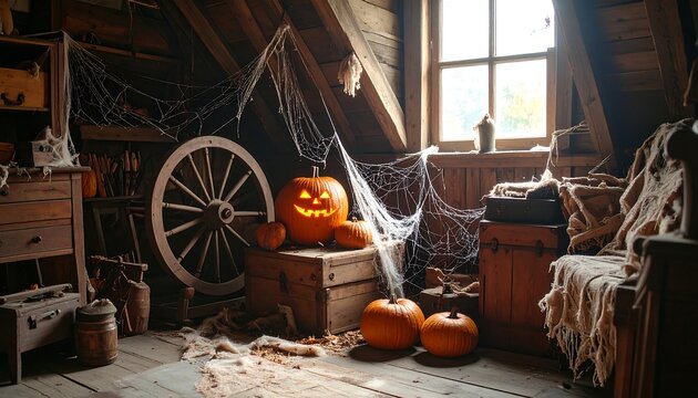 Spooky Halloween Attic Scene with Jack-o'-Lanterns, Cobwebs, and Vintage Decor - Powered by Adobe
