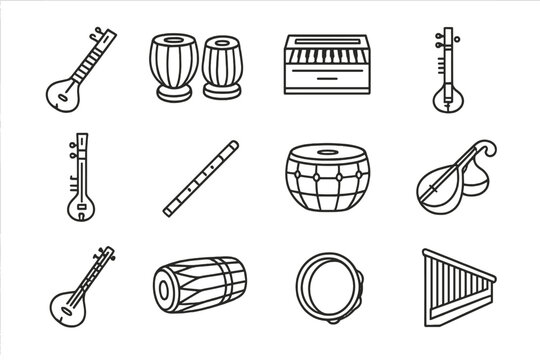 Outline of indian classical musical instruments on gray background