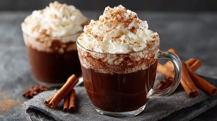 Hot Chocolate with Whipped Cream and Cinnamon in Glass Mugs, Winter Drink