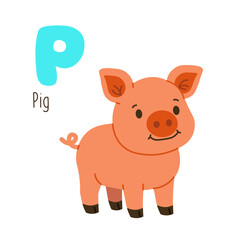 Cute cartoon illustration of a pig with the letter P, ideal for kids' alphabet learning, educational posters, and nursery decor