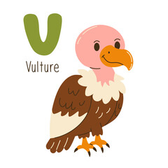Cute cartoon illustration of a vulture with the letter V, ideal for kids' alphabet learning, educational posters, and nursery decor