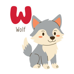 Cute cartoon illustration of a wolf with the letter W, ideal for kids' alphabet learning, educational posters, and nursery decor