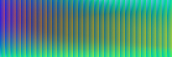 Obraz premium Abstract neon fluted ribbed vertical stripes geometric background. Multicolor gradient in green, purple, teal and blue. Chromatic aberration prismatic effect. Reeded glass vector illustration 
