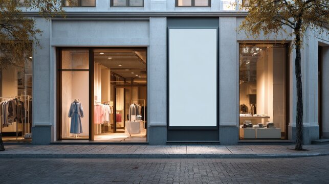 retail clothing shop entrance with empty billboard for advertisement mockup perfect for branding and promotion in fashion stores and urban storefronts. - Powered by Adobe