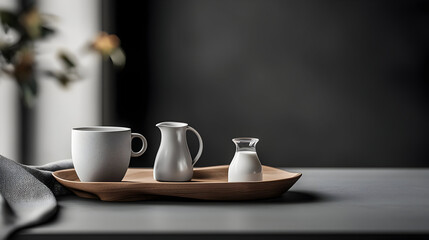 White Ceramic Cups And Milk Jug On Wooden Tray