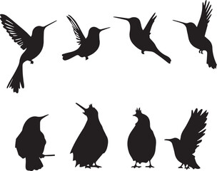 Bird Silhouette Icon Set Featuring Flying and Perched Poses with Diverse Avian Body Shapes
