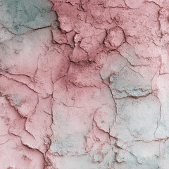 Naklejka premium Weathered concrete wall displaying intricate cracking pattern, blending soft pink and grey tones, creating textured surface with vintage grunge aesthetic